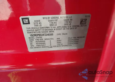 2015 Chevrolet Silverado 1500 Ls из США, поврежденный, VIN 1GCRCPEC5FZ248386